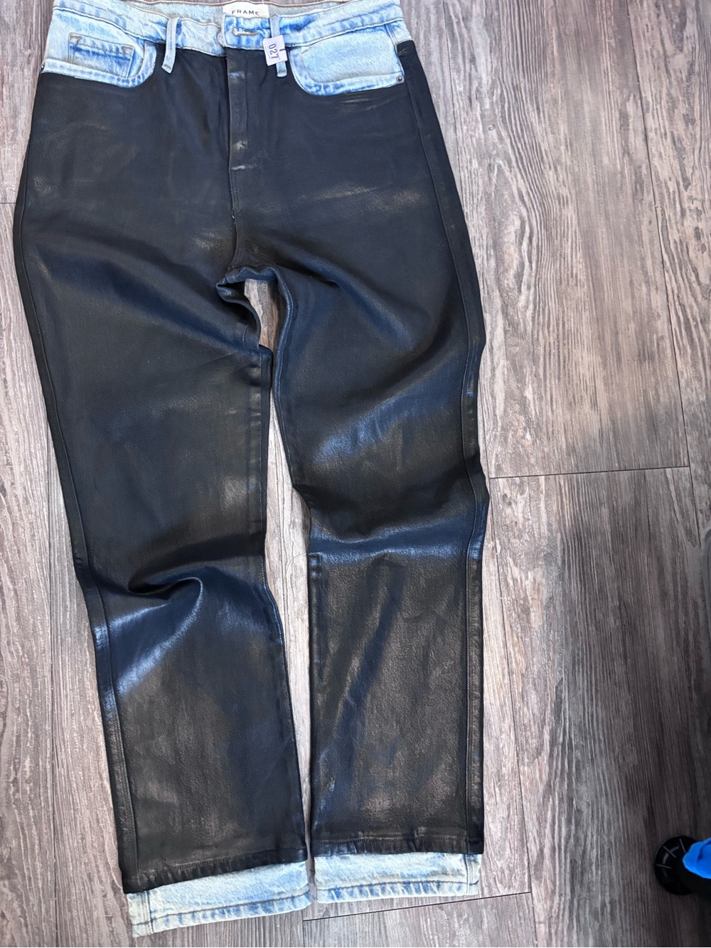 Frame Denim Black Leather-Front Jeans with Light Blue Denim Accents